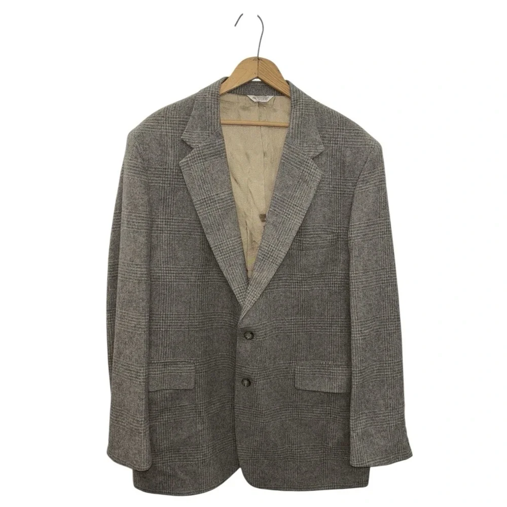 VTG 70s McRae's 100% Wool Grey Plaid 44L Sport Coat Blazer USA‎ Made Tweed Prep